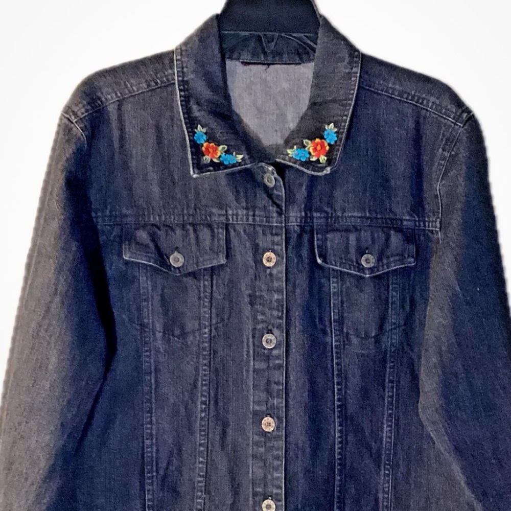QVC Denim & Co Womens Jean Jacket Black Denim with Embroidered Flowers On Collar